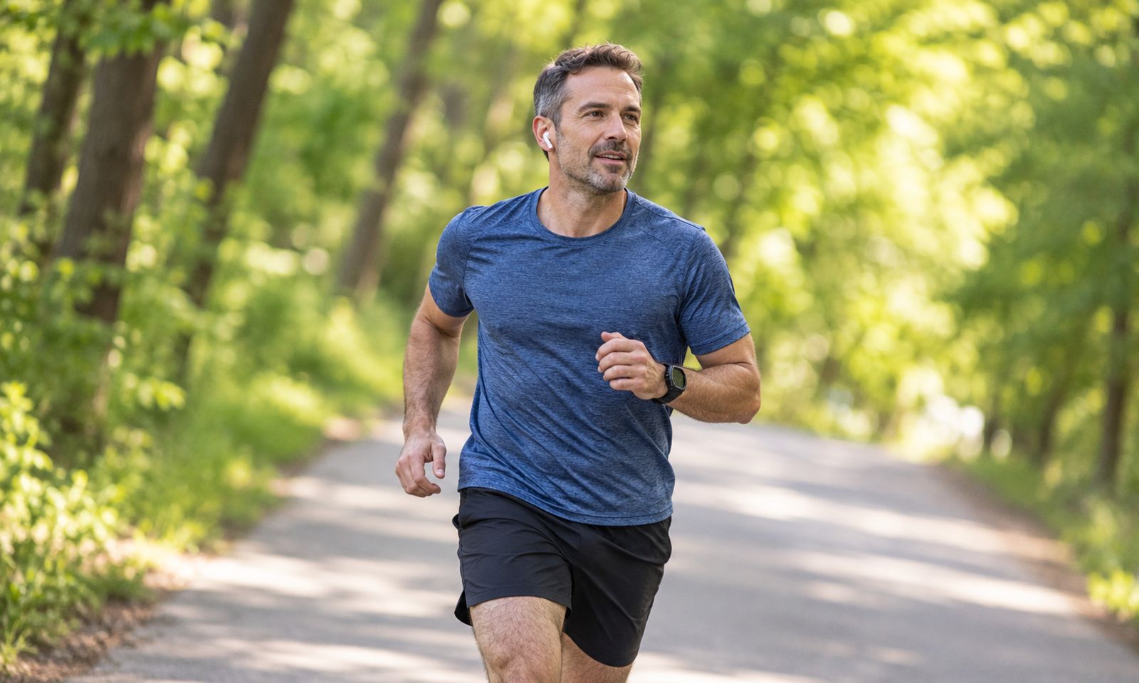 A man out running on a tree-lined path